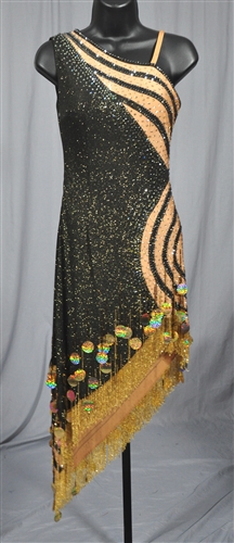 Elegan Black and Gold Beads & Coin Fringe Latin Dress