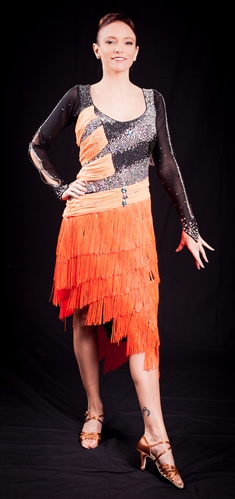 Sexy Black and Orange Fringe Latin Dress