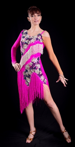 Elegant Hot Pink Beads and Fringe Latin Dress