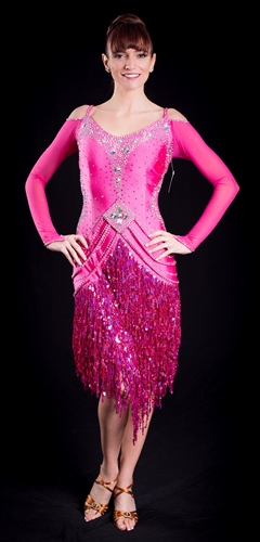 Fun Hot Pink Sequin Fringe Latin Dress