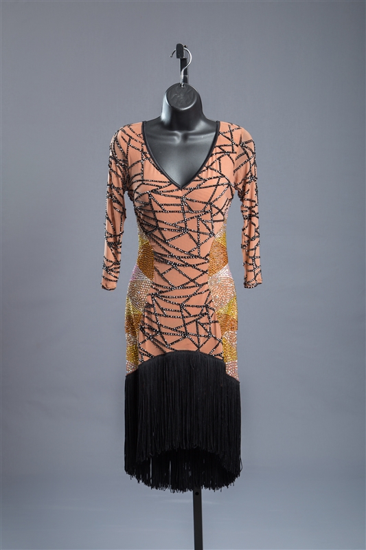 See Through Nude & Black Fringe Latin Dress