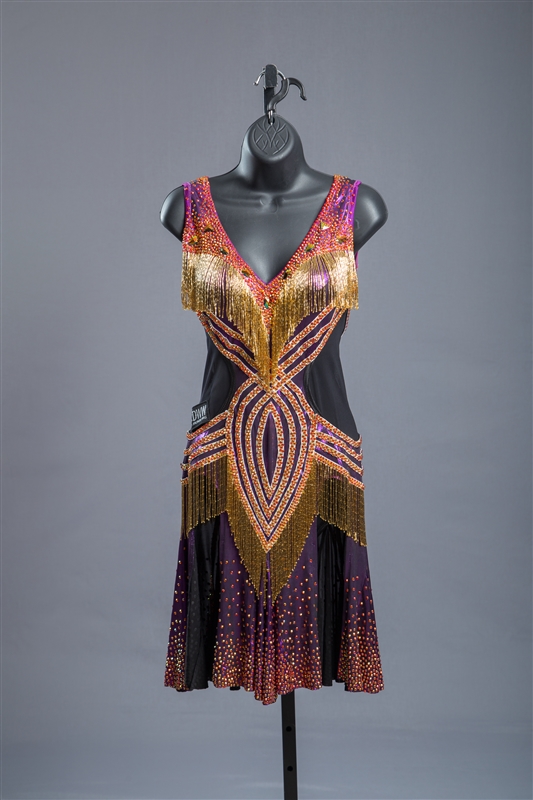 Sexy Purple Gold Beaded Fringe Latin Dress