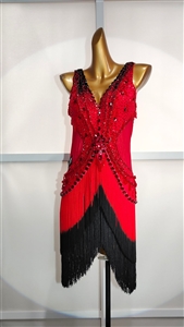 Elegant Red Black Fringe skirt Latin Dress