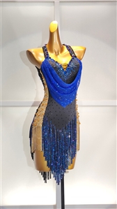 Sexy and Fun Blue and Gold Beaded Fringe Latin Dress
