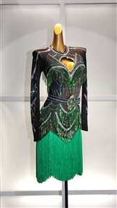Elegant Fun Green and Black Breaded Fringe Latin Dress