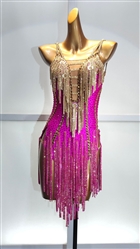Sexy & Fun Pink and Gold Breaded  Fringe Latin Dress