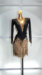Sexy & Fun Black And Gold Breaded  Fringe Latin Dress