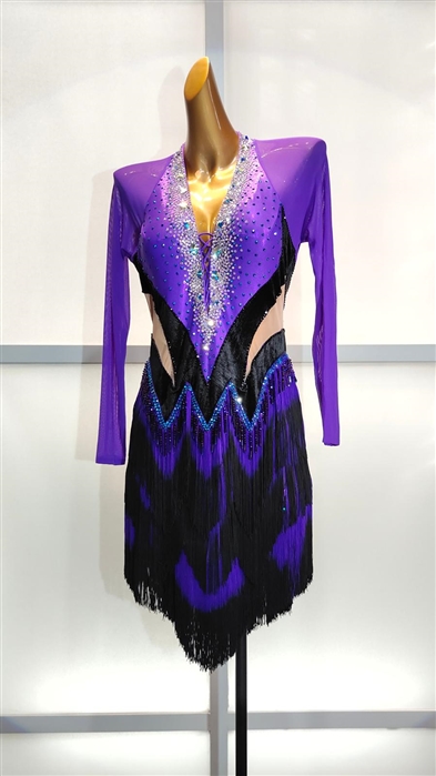 Sexy & Fun Purple And Black Breaded  Fringe Latin Dress