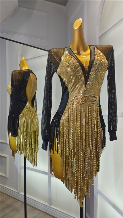 Sexy & Fun Gold And Black Breaded  Fringe Latin Dress