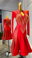 Sexy & Fun Red And Gold Breaded And Net  Latin Dress