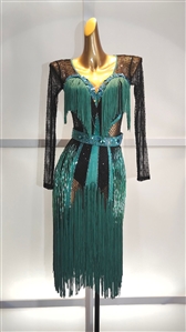 Sexy and Fun Black and Green Net Breaded Fringe Latin Dress
