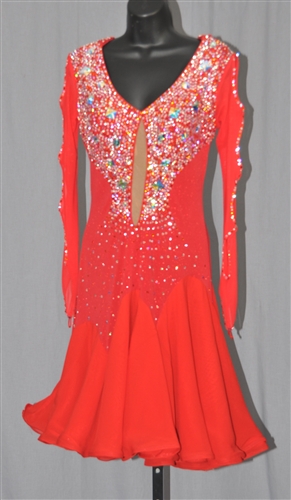 Elegant Key Hole Sleeves Shinny Red Latin Dress