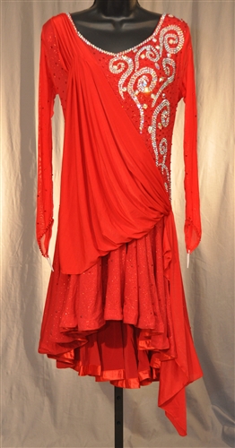 Red Long Sleeves Front Drape Latin Dress
