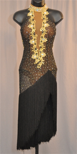Sexy Black Gold See Through Long Fringe Latin Dress