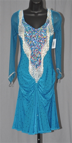Aqua Mesh Sleeves with Hand Made Beads Latin Dress