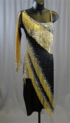 Sexy Black & Gold Bead Fringe Latin Dress