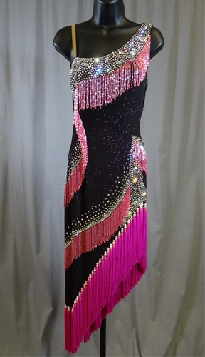 Sexy Black & Hot Pink Beads & Fringe Latin Dress