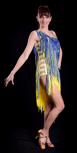 Sexy Blue and Yellow Beads and Fringe Latin Dress
