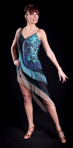 Sexy Aqua Teal Leopard Beaded Fringe Latin Dress
