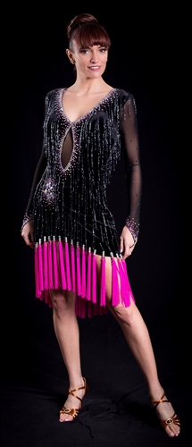 Elegant Black Velvet Hot Pink Beads and Fringe Latin Dress
