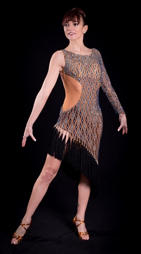 Sexy Aqua Stoned Net Fringe Latin Dress
