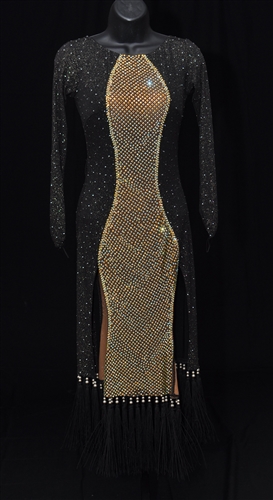 Sexy Elegant Black Net Gold Fringe Latin Dress