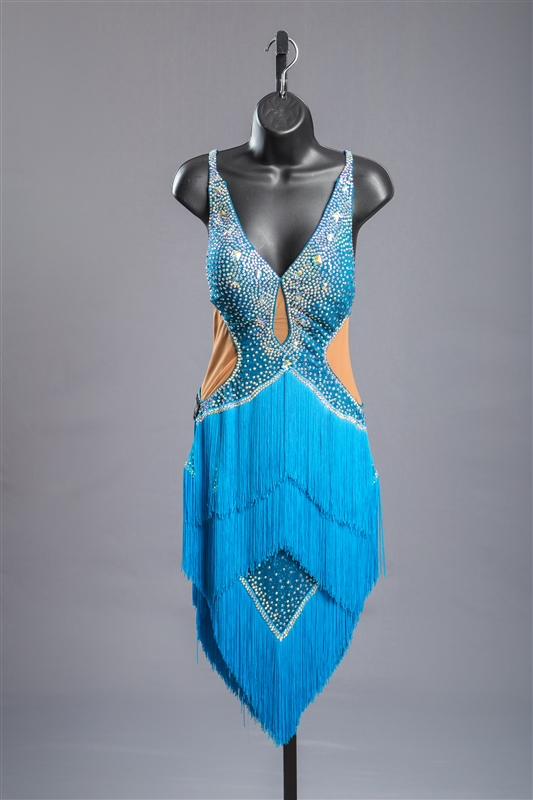 Sexy Auqa Blue Fringe Latin Dress