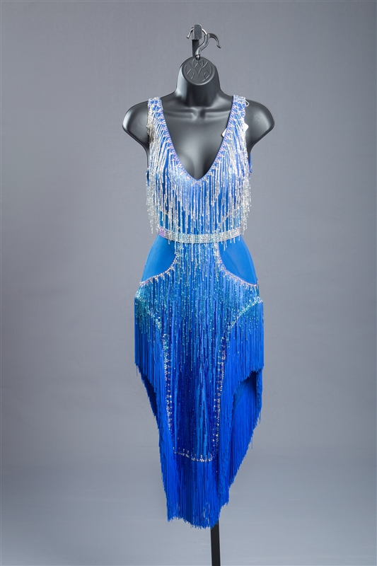 Sexy Blue Bead Fringe Latin Dress