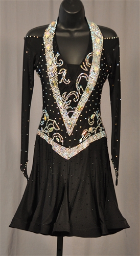 Elegant Black Lace Long Sleeves with Back Mesh Ruffle Latin Dress