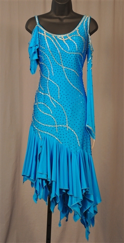 Elegant Aqua Ruffle Asymetric Sleeves Latin Dress