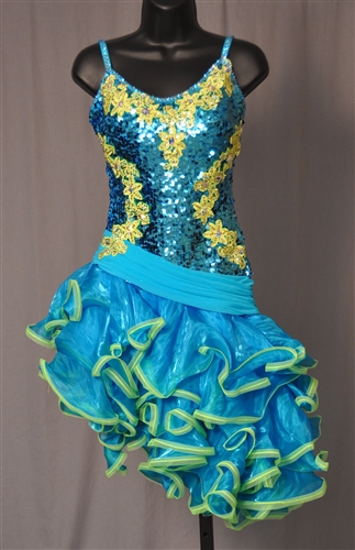 Fun & Sexy Ruffle Skirt Sequin Aqua Latin Dress