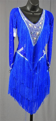 Royal Blue Long Mesh Sleeves Fringe Latin Dress