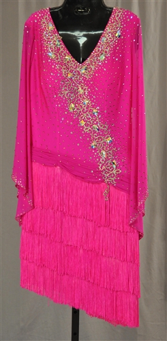 Hot Pink Fringe Wide Mesh Sleeves Latin Dress