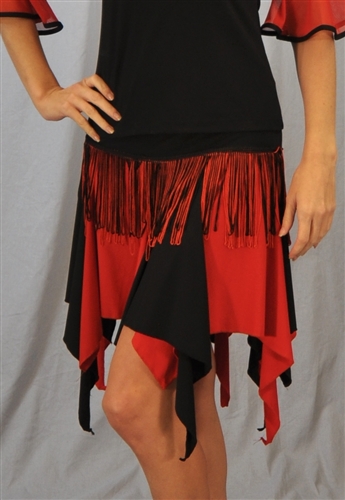 Black & Red Fringe Latin Skirt with Built-in Under Pants