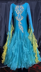 Elegant Lime Blue and Yellow Beaded Ballroom Dress