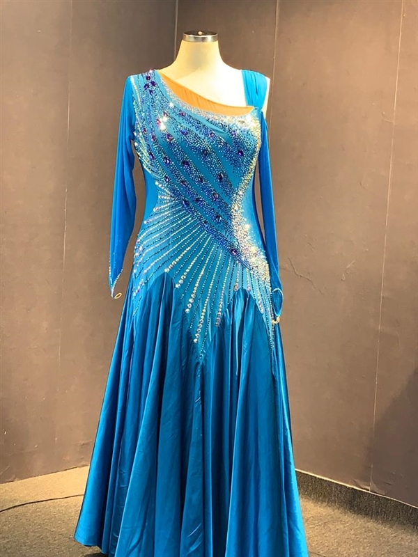 Aqua Blue Elegant Long Mesh Sleeves Ballroom Dress
