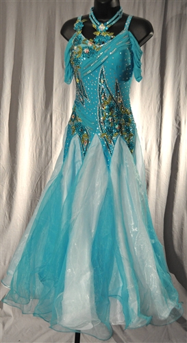 Elegant Aqua Drop Shoulder Mesh Sleeves Ballroom Dress