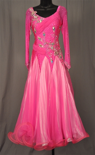 Elegant Long Key Hole Mesh Sleeves Hot Pink Ballroom Dress
