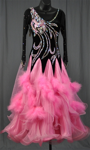 Elegant Black and Pink Feather Ballroom Dress