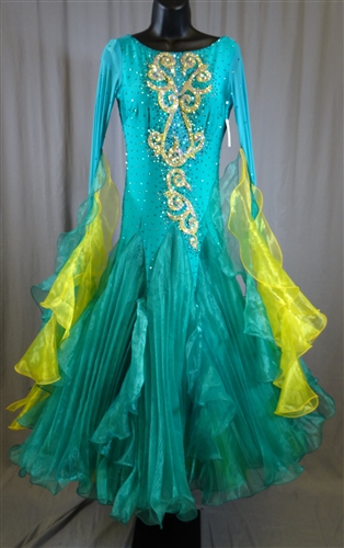 Elegant Cool Aqua & Yellow Pleaded Skirt Ballroom Dress