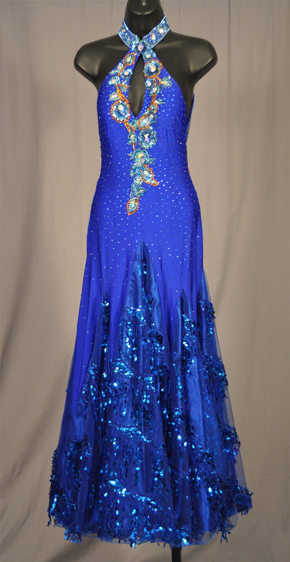 Elegant Royal Blue Ballroom Dress with Sequin Fringe Skirt