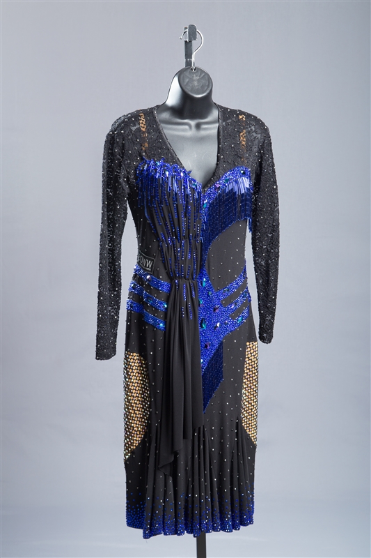 Elegant Navy Blue Beaded Fringe Latin Dress