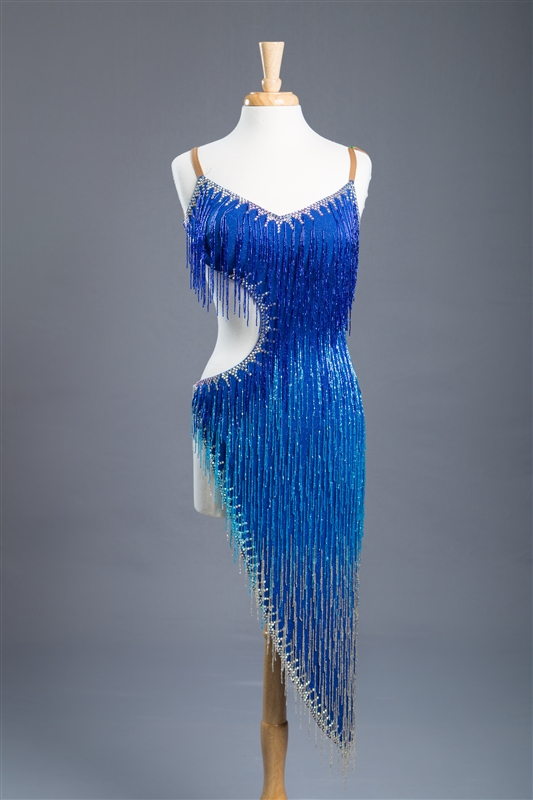 Sexy Blue Beaded Fringe Latin Dress