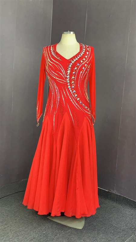 Red Elegant Long Mesh Sleeves Ballroom Dress