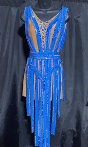 Sexy and Fun Blue and Nude Breaded Fringe Latin Dress
