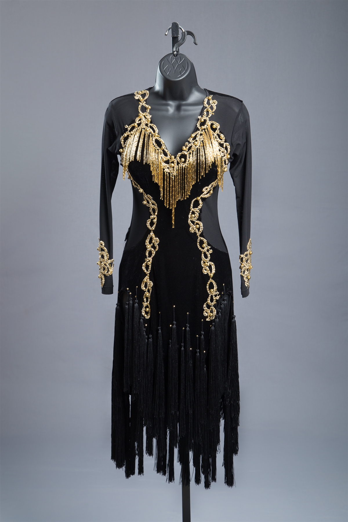 Long Mesh Sleeves Black Gold Sexy Fringe Latin Dress