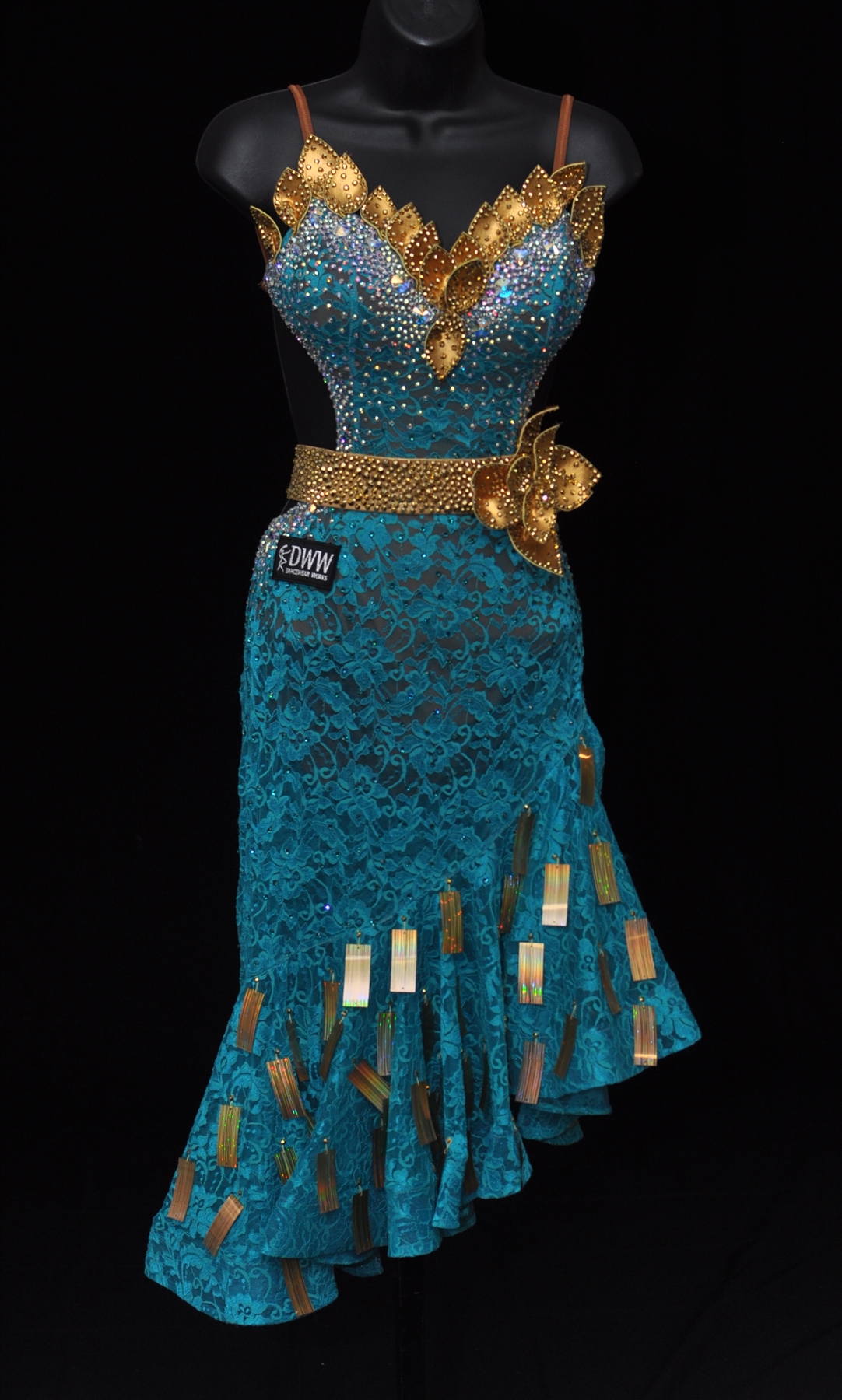 Sexy Aqua Gold Lace Latin Dress