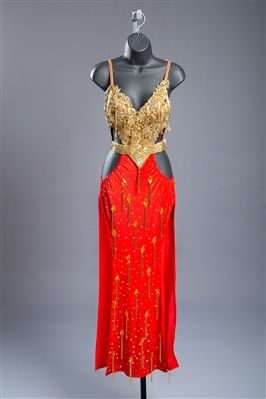 Sexy Gold & Red Beaded Fringe Latin Dress