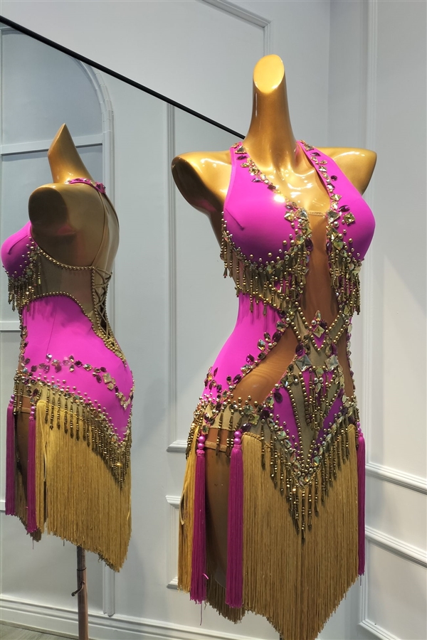 Sexy & Fun Pink & Gold Handmade Beads Latin Dress