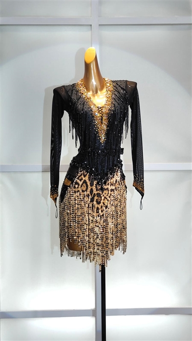 Sexy & Fun Black And Gold Breaded  Fringe Latin Dress